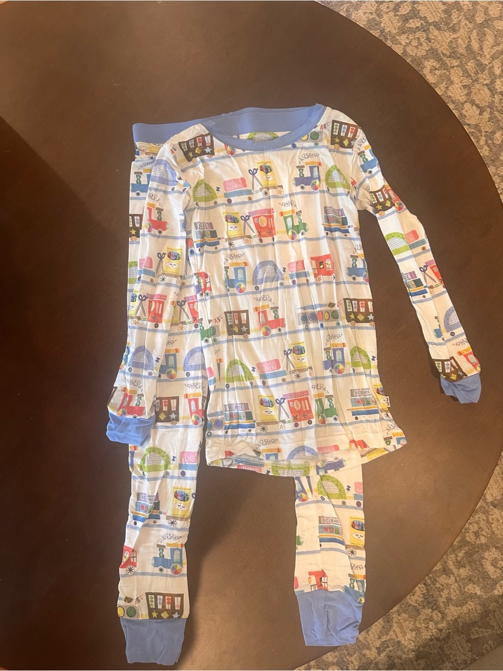 Little Sleepies White Train & Vehicle Print Pajama Set with Blue Trim